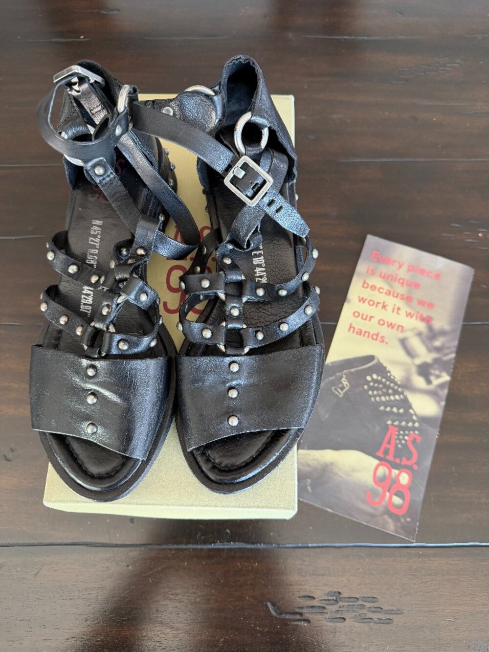 A.S.98 Women's Gail Studded Black Leather Cage Sandals - Size 40M